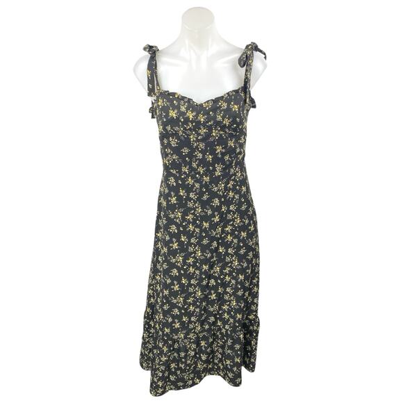 O.P.T Black Yellow Floral Sleeveless Tie Strap Cami Tank Midi A Line Dress Sz L - Picture 1 of 4